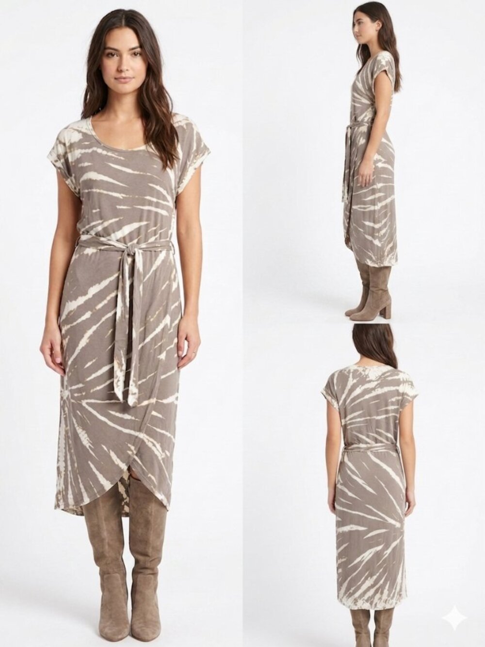 Young Fabulous & Broke Taupe and Cream Tie-Dye Wrap Midi Dress